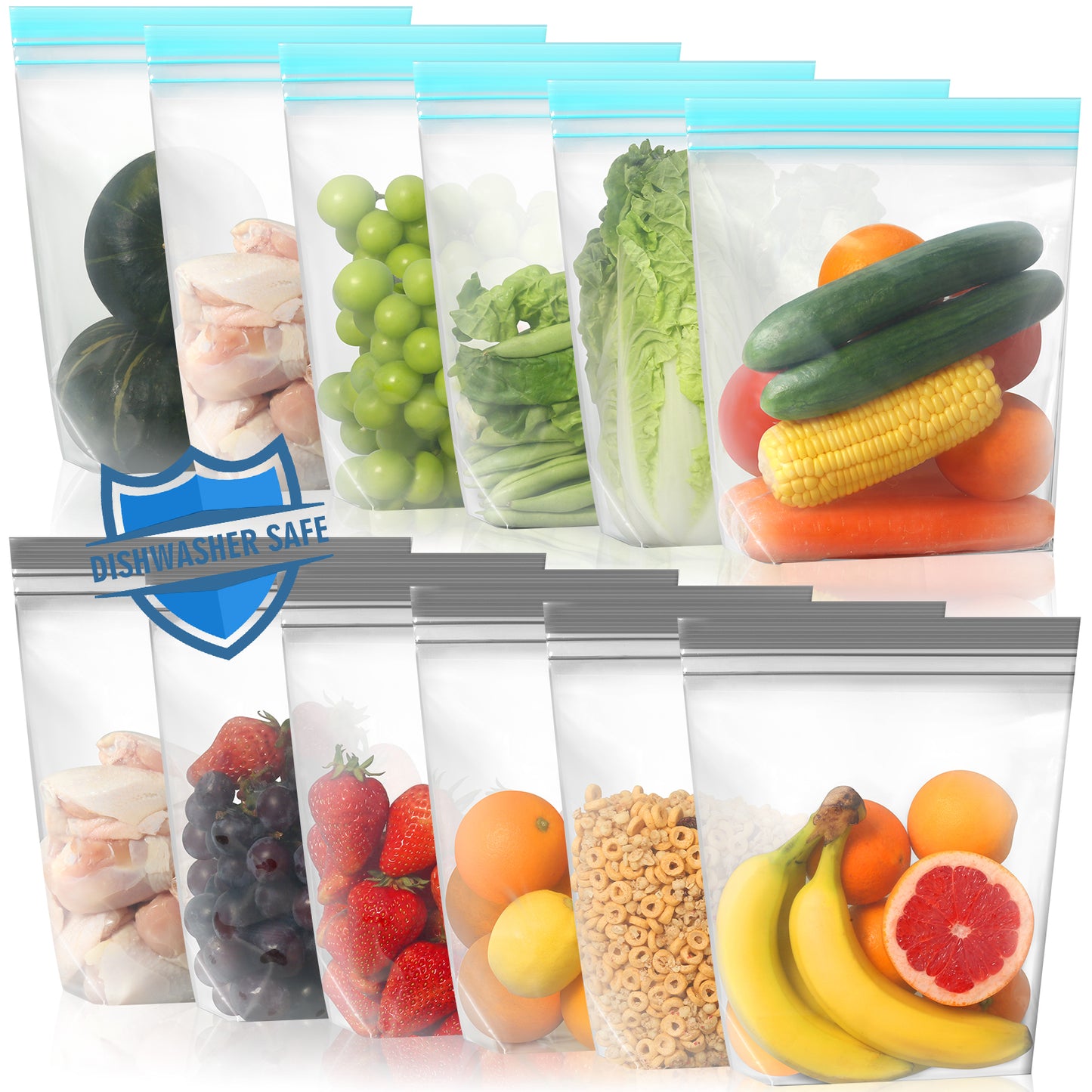 12 Pack Reusable Gallon Freezer Bags Dishwasher Microwave Safe, Stand Up Reusable Freezer Bags 1 Gallon Silicone and BPA Free, Leakproof Food Storage Bags for Meal Prep, Kitchen Organization