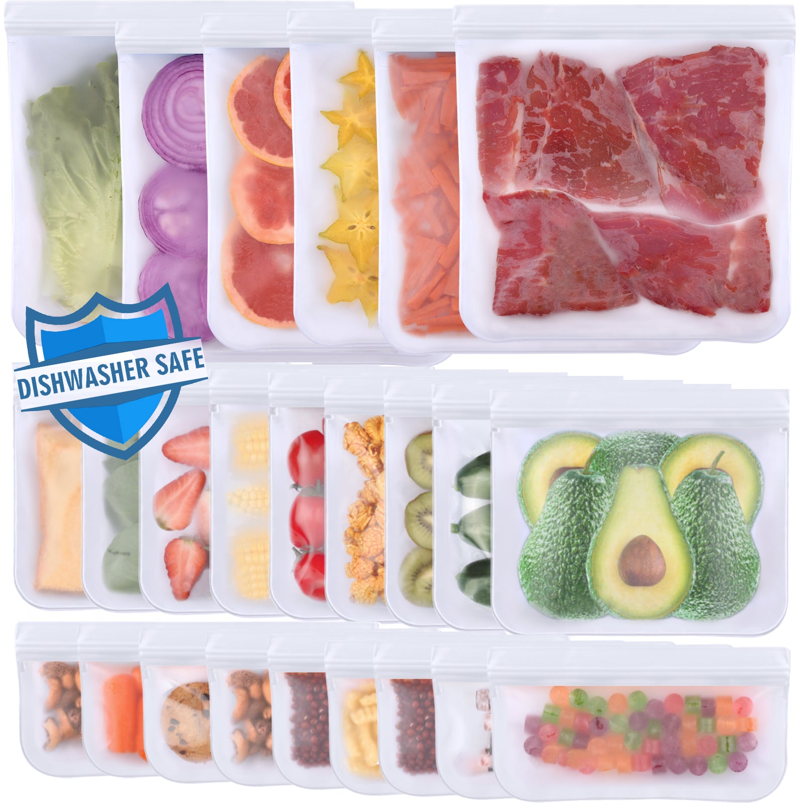 24 Pack Dishwasher Safe Reusable Bags Silicone Leakproof Reusable Bags BPA Free Reusable Food Storage Bags for Lunch Meat Veggies 6 Gallon 9 Snack