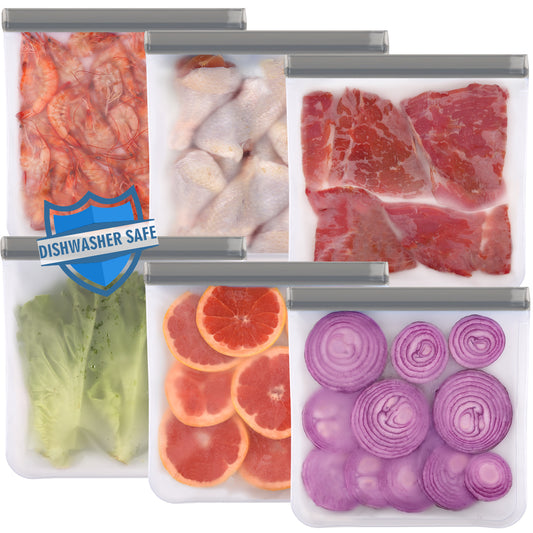 6 Pack Reusable Gallon Freezer Bags Dishwasher Safe, BPA Free Reusable Ziplock Bags Silicone, Leakproof Reusable Storage Bags for Marinate Meats, Cereal, Vegetables, Home Organization(Grey)