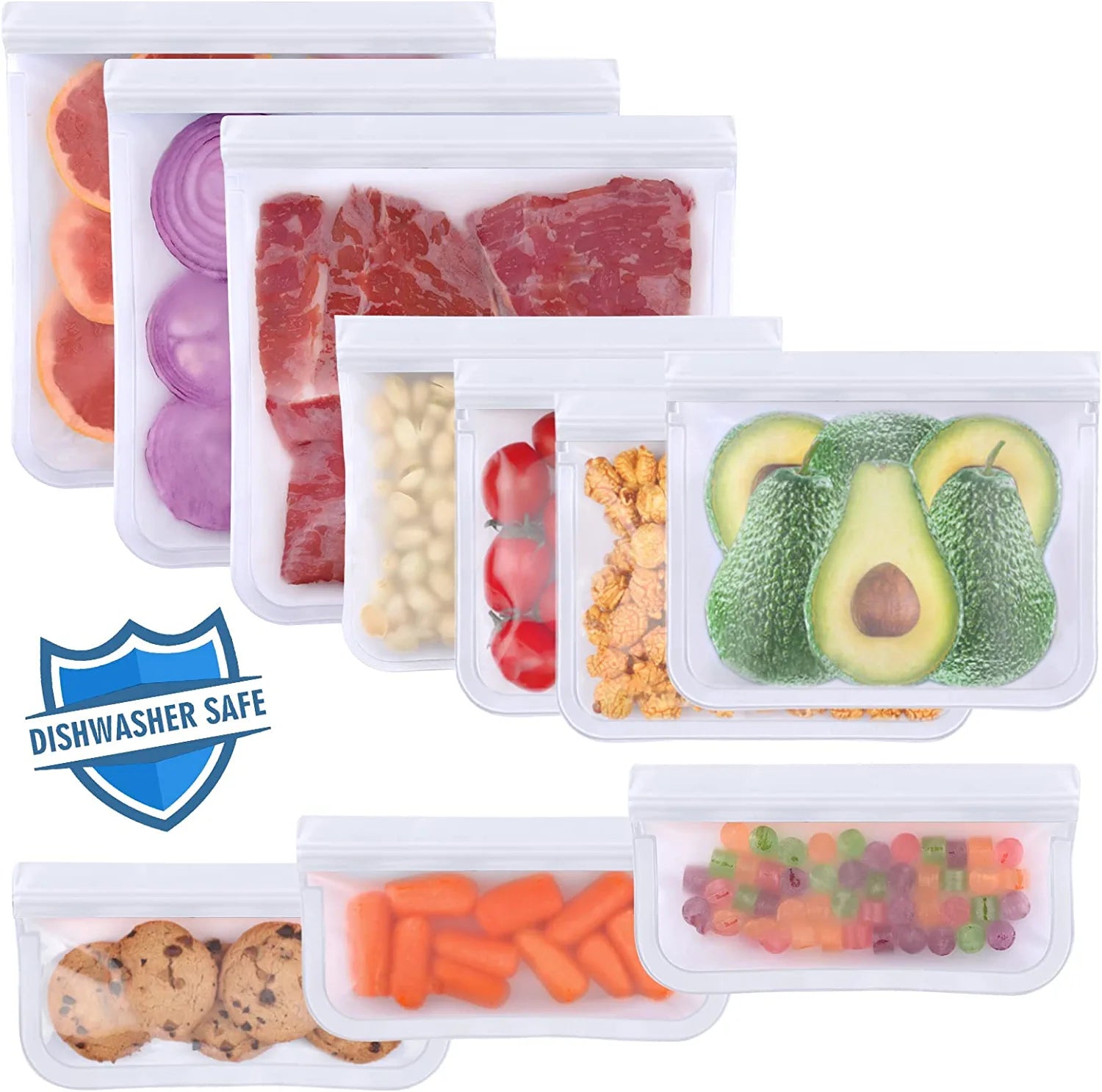 Meetall 9 Pack Reusable Food Storage Bags, 3 Sizes Mixed.3 Gallon Size Bags  for Meats,Fish and Vegetables&3 Sandwich Bags&3 Snack Bags for Kids