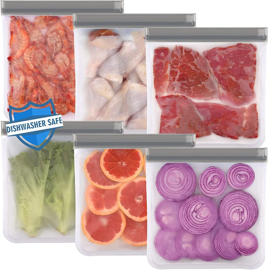6 Pack Reusable Gallon Freezer Bags Dishwasher Safe, BPA Free Reusable Ziplock Bags Silicone, Leakproof Reusable Storage Bags for Marinate Meats, Cereal, Vegetables, Home Organization(Grey)
